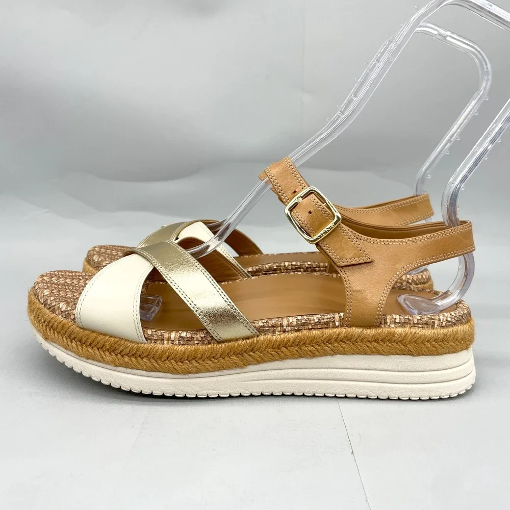 Vionic Womens 9 Mar Platform Sandals Tan Gold Leather Strappy Espadrille Wedge - Picture 4 of 12